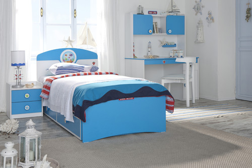 Blue and White Captain Bed with Sea Creatures Handles and Decoration , Blue and White Nightstand, Blue and White Hutch Desk and Sand Color Area Rug, Blue , Red and White Bedding is Very Good For Coastal Living Boy Bedroom Ideas
